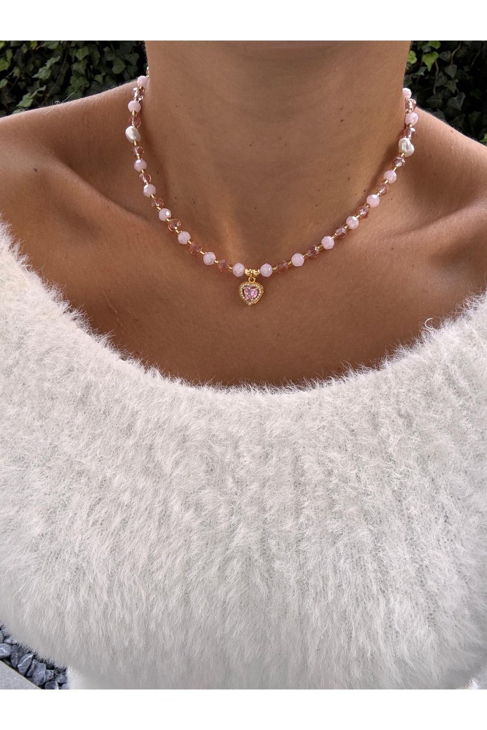 Kristal Boncuklu Prenses Kolye | Zirkon Taşlı Kalp Kolye | Pembe Kolye