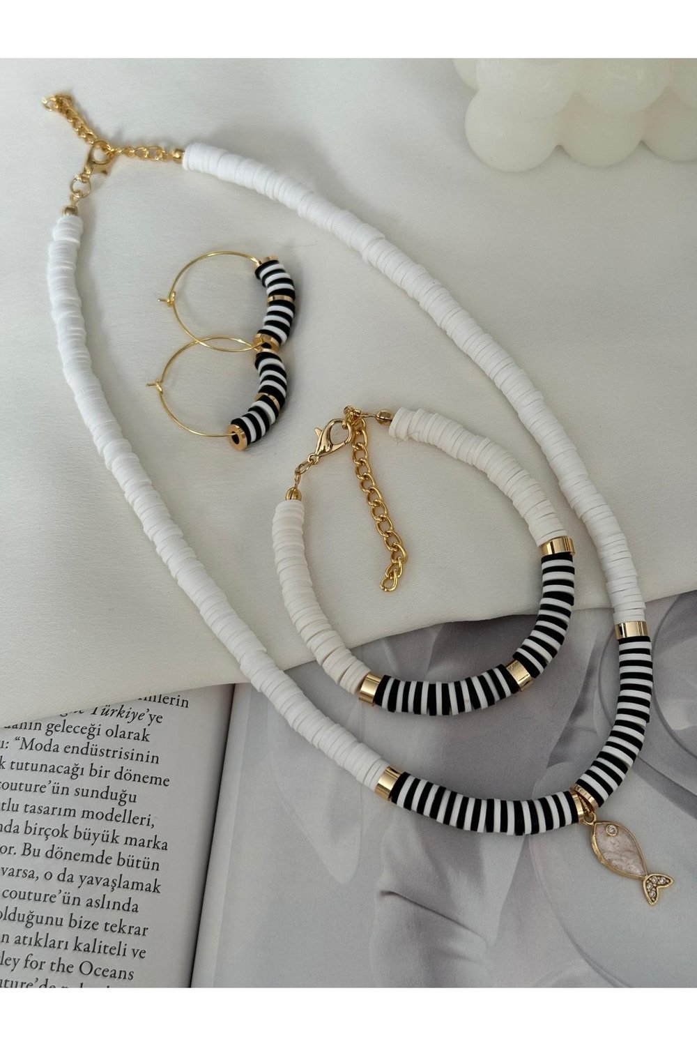 Mini Balıklı Siyah Beyaz Fimo Kolye Bileklik Küpe Set