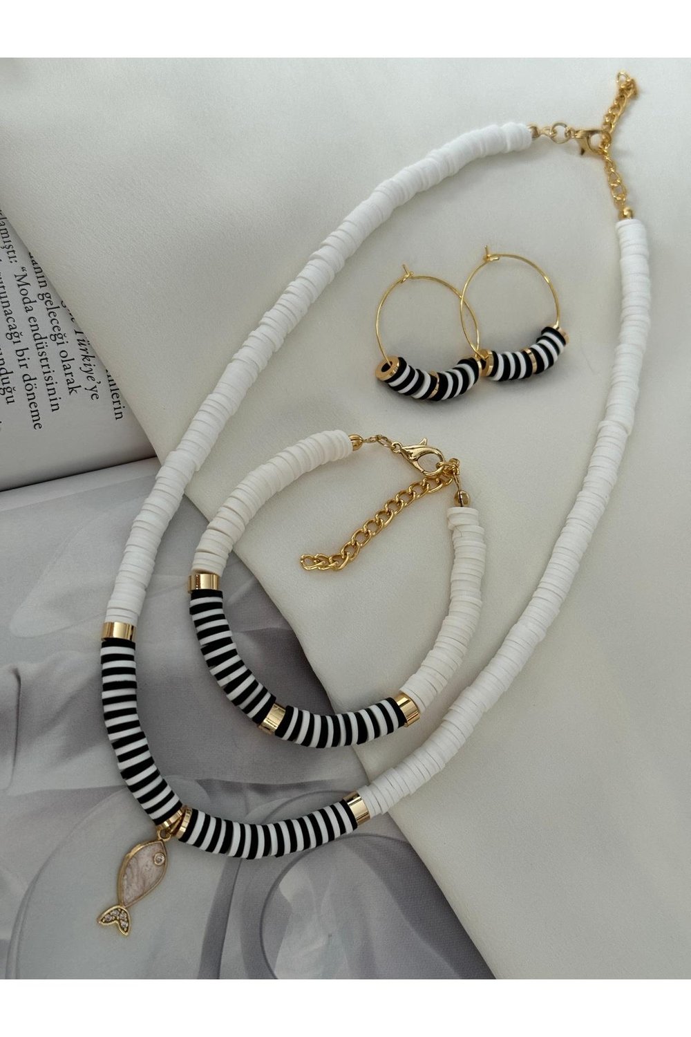 Mini Balıklı Siyah Beyaz Fimo Kolye Bileklik Küpe Set