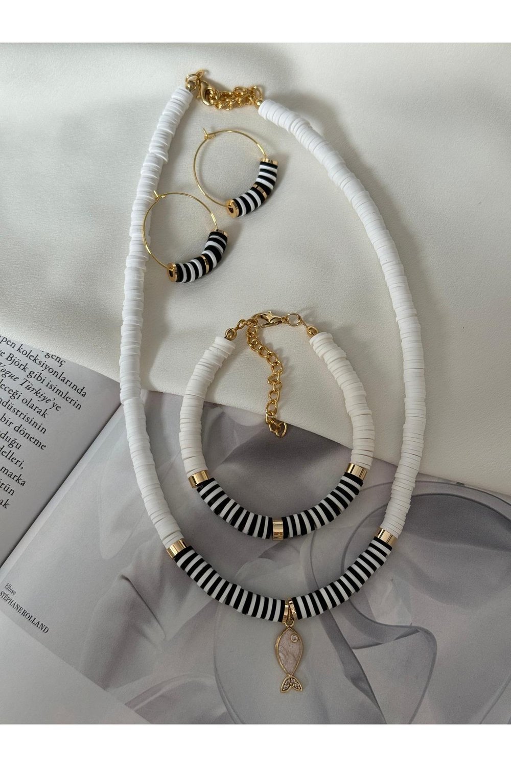 Mini Balıklı Siyah Beyaz Fimo Kolye Bileklik Küpe Set