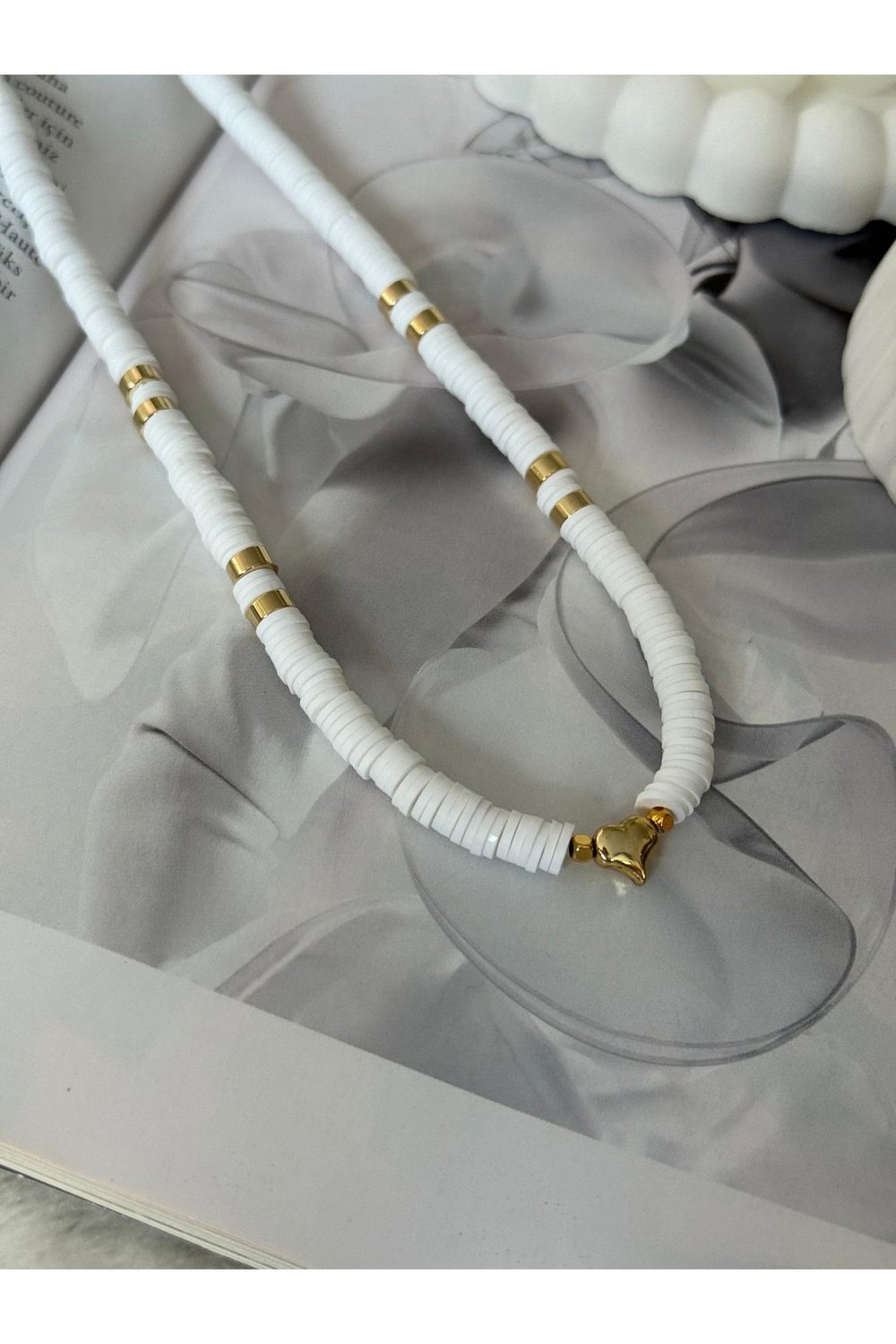 Mini Kalpli Beyaz Fimo Kolye | Beyaz Kolye | Altın Kaplama Kolye | Kalpli Kolye