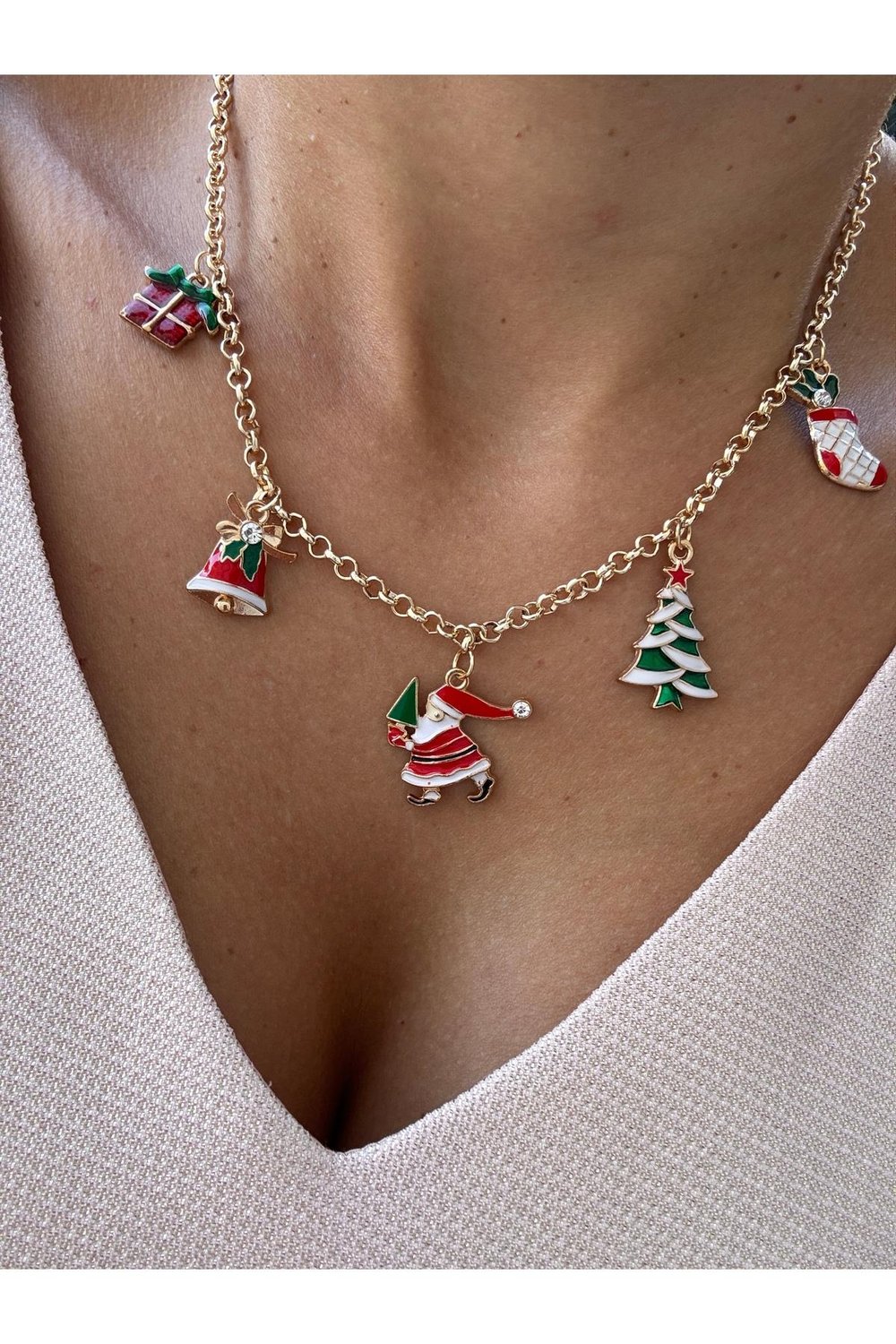 Özel Tasarım 5 Figürlü 14k Altın Kaplama Renk Atmaz Yılbaşı Kolye | Christmas Necklace