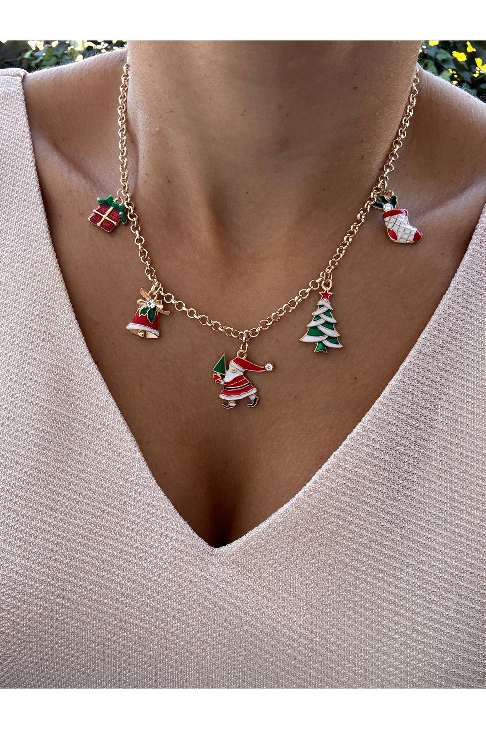 Özel Tasarım 5 Figürlü 14k Altın Kaplama Renk Atmaz Yılbaşı Kolye | Christmas Necklace