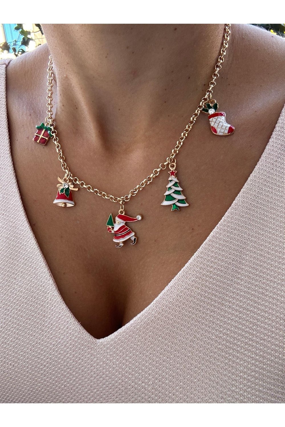 Özel Tasarım 5 Figürlü 14k Altın Kaplama Renk Atmaz Yılbaşı Kolye | Christmas Necklace
