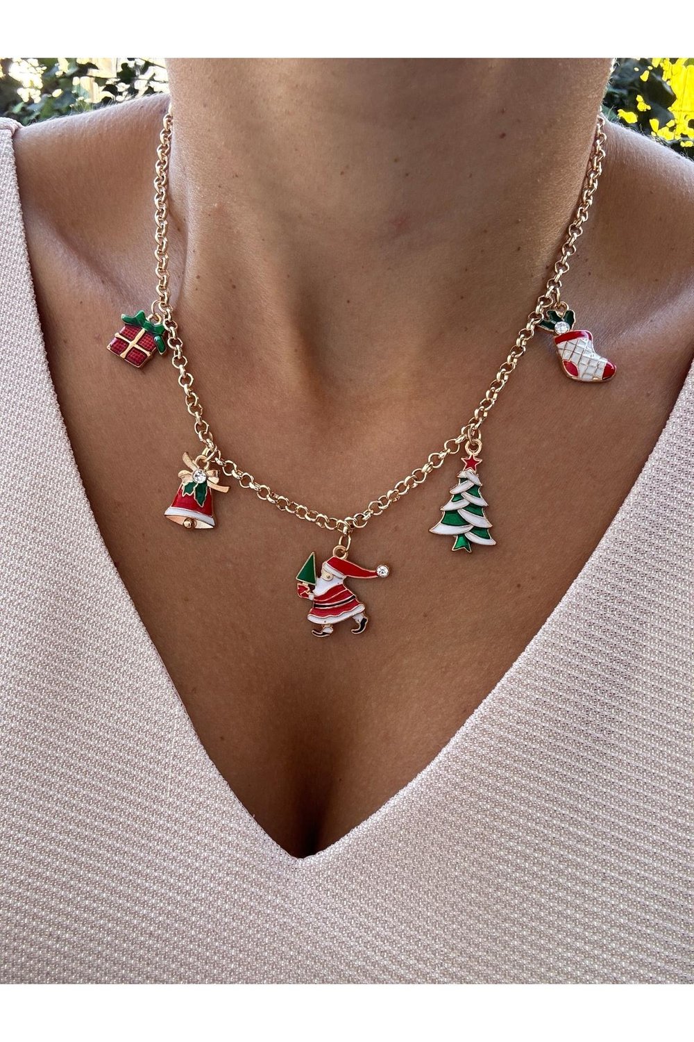 Özel Tasarım 5 Figürlü 14k Altın Kaplama Renk Atmaz Yılbaşı Kolye | Christmas Necklace