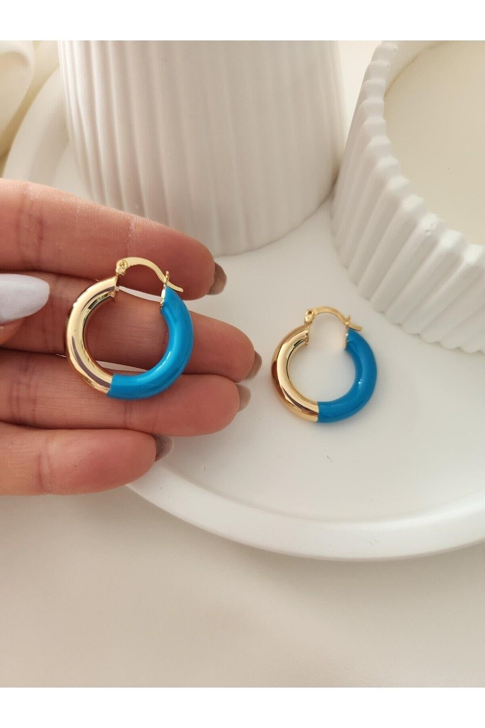 Renkli Mineli Halka Küpe Gold Çap 2.5 Cm
