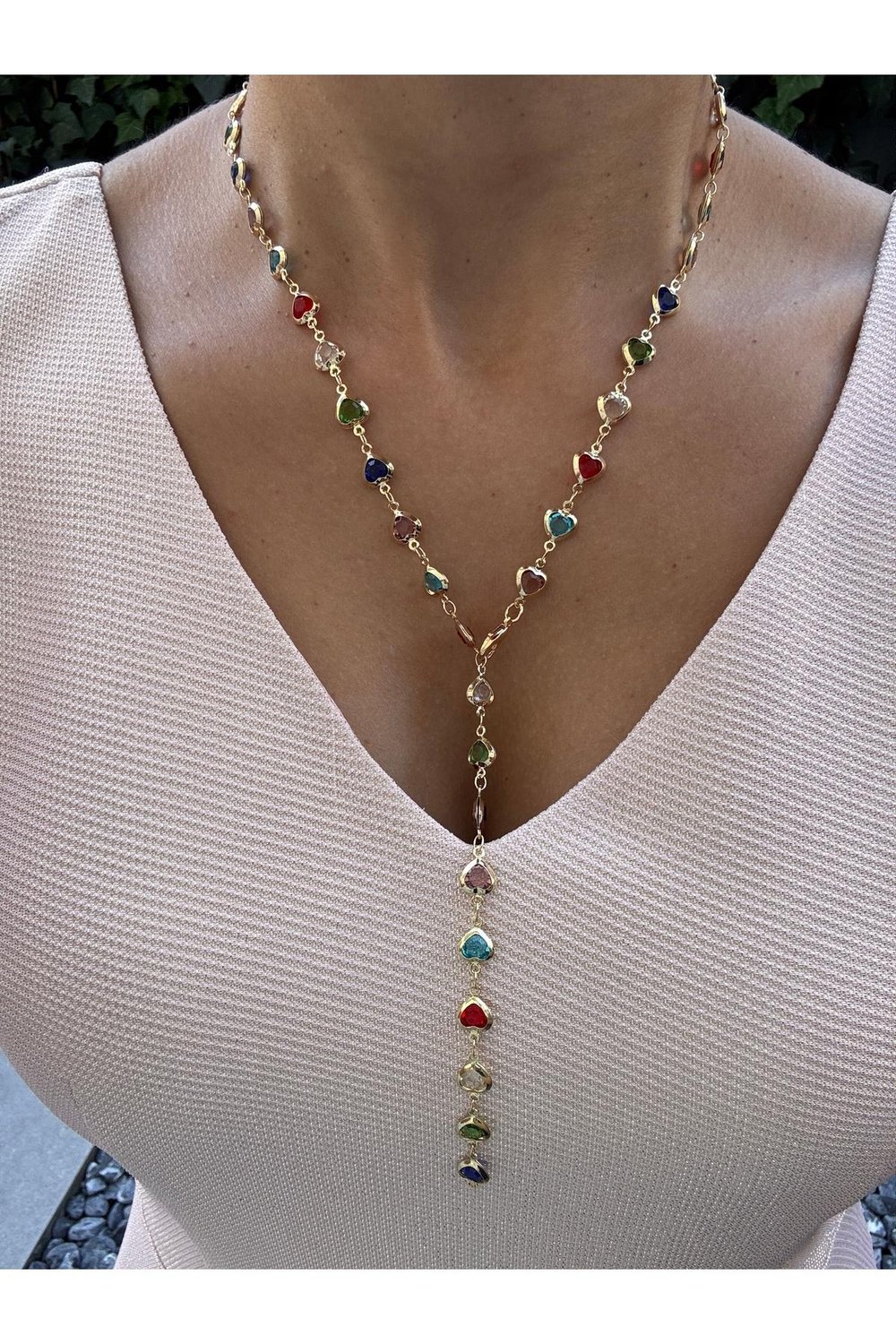 Renkli Zirkon Taşlı Kalp Y Kolye | 14k Altın Kaplama Gold Y Kolye | 60 cm