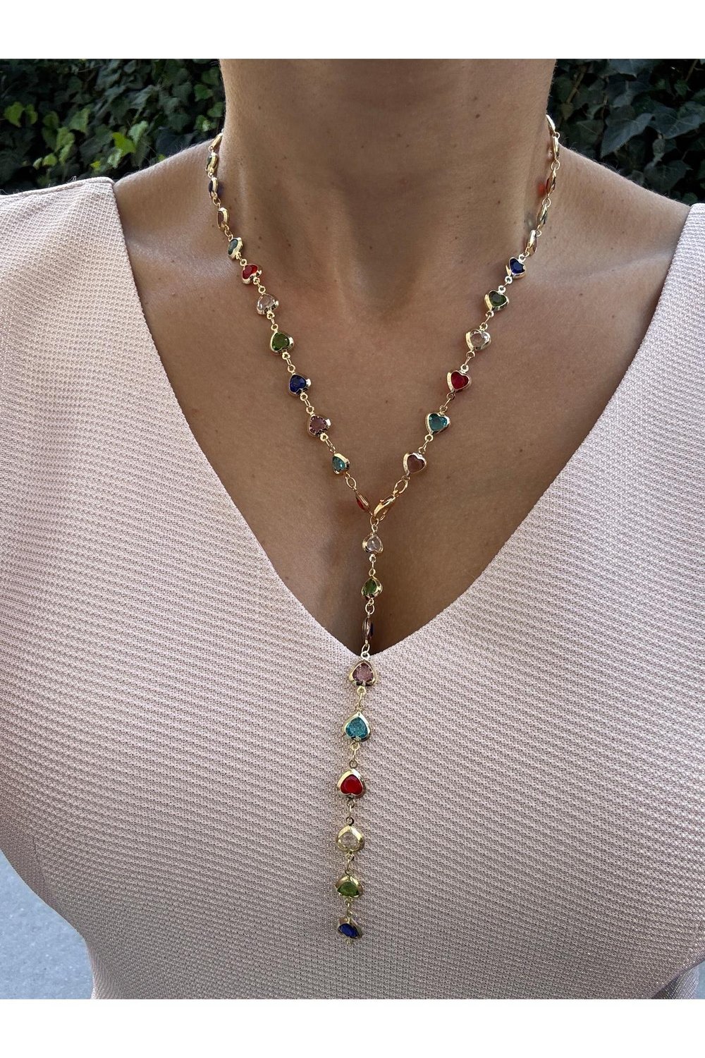 Renkli Zirkon Taşlı Kalp Y Kolye | 14k Altın Kaplama Gold Y Kolye | 60 cm