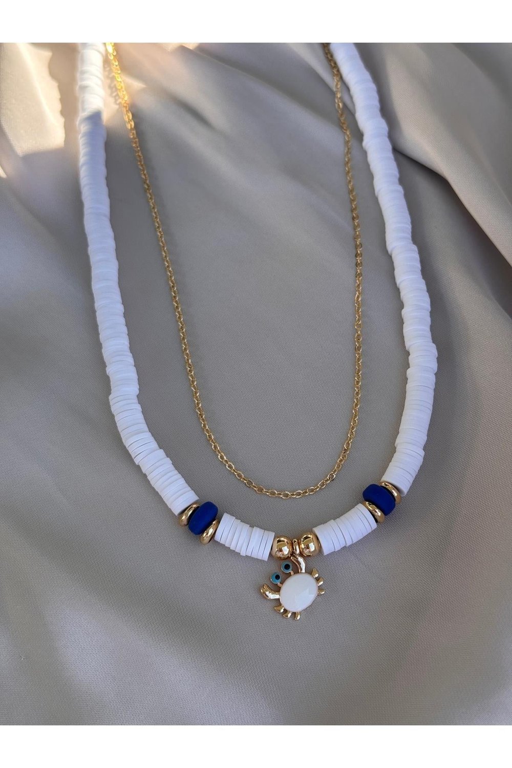 Yengeç Kolye | İkili Kolye | Beyaz Fimo Boncuklu Kolye ve Altın Kaplama Zincir Kolye | Yazlık Kolye