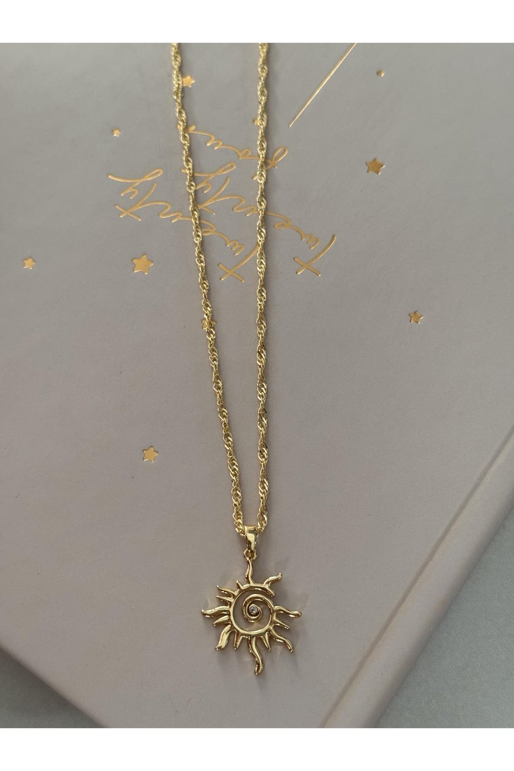 Zirkon Taşlı 14k Altın Kaplama Güneş Kolye | Zincir Kolye | Chain Necklace | Sun Figure Necklace
