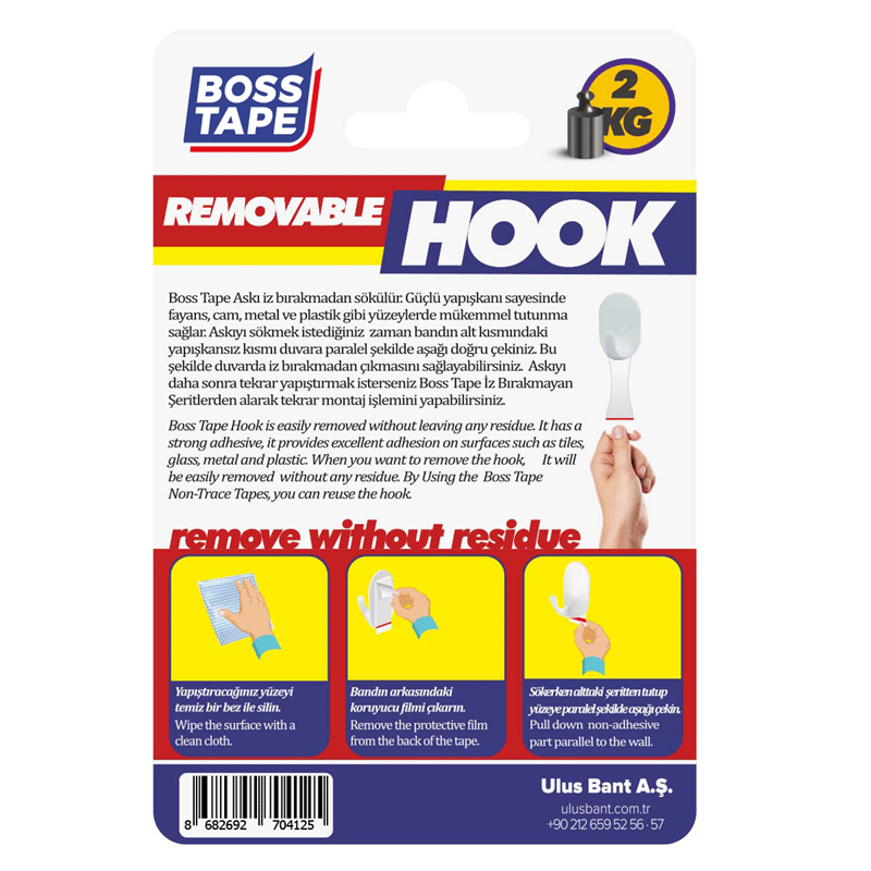 Boss Tape Askı Plastik Kendinden Yapışkanlı 2 Kg Küçük Boy Beyaz 2 Li Bls. Bt-11006