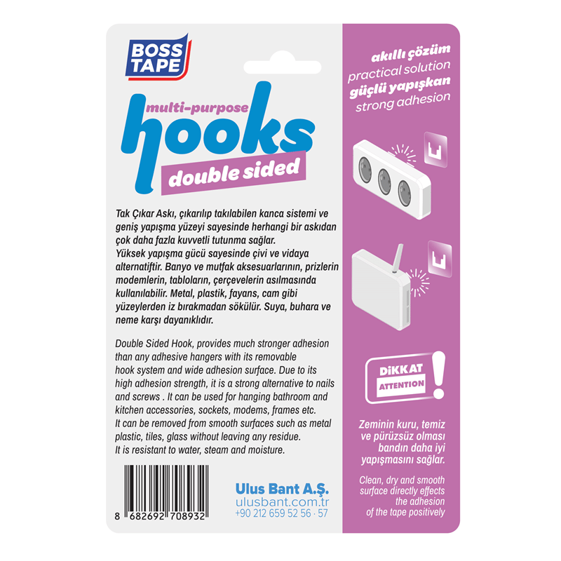 Boss Tape Askı Tak-Çıkar 40X40 Mm 2 Kg Beyaz 2 Li Bls. Bt-11015