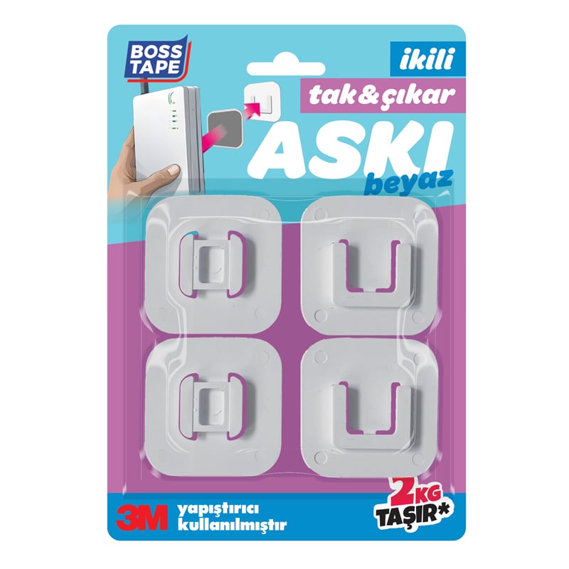 Boss Tape Askı Tak-Çıkar 40X40 Mm 2 Kg Beyaz 2 Li Bls. Bt-11015