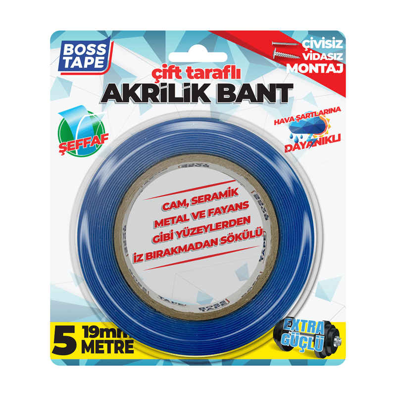 Boss Tape Montaj Bandı Çift Taraflı Akrilik 19 Mm X 5 Mt Blister Bt-01005