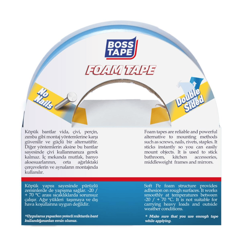BOSS TAPE MONTAJ BANDI ÇİFT TARAFLI KÖPÜK BEYAZ 15 KG 48 MM x 10M BLS. BT-01018