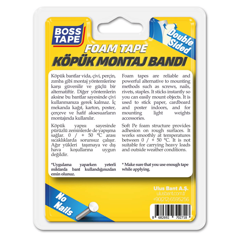 BOSS TAPE MONTAJ BANDI ÇİFT TARAFLI KÖPÜK BEYAZ 5 KG 19 MM x 2M BLS. BT-01012