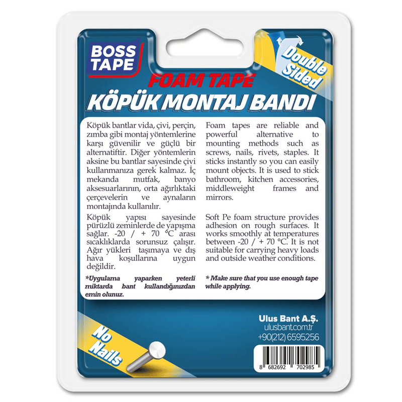 BOSS TAPE MONTAJ BANDI ÇİFT TARAFLI KÖPÜK BEYAZ 15 KG 19 MM x 2M BLS. BT-01016