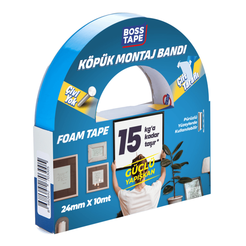 BOSS TAPE MONTAJ BANDI ÇİFT TARAFLI KÖPÜK BEYAZ 15 KG 24 MM x 10M BLS. BT-01017