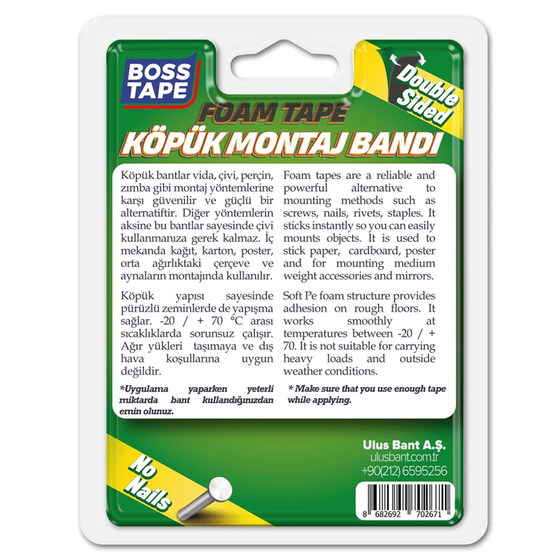 BOSS TAPE MONTAJ BANDI ÇİFT TARAFLI KÖPÜK SİYAH 10 KG 19 MM x 2M BLS. BT-01020