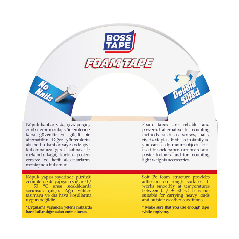 BOSS TAPE MONTAJ BANDI ÇİFT TARAFLI KÖPÜK BEYAZ 5 KG 24 MM x 10M BLS. BT-01013