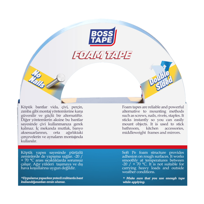 BOSS TAPE MONTAJ BANDI ÇİFT TARAFLI KÖPÜK BEYAZ 15 KG 24 MM x 10M BLS. BT-01017