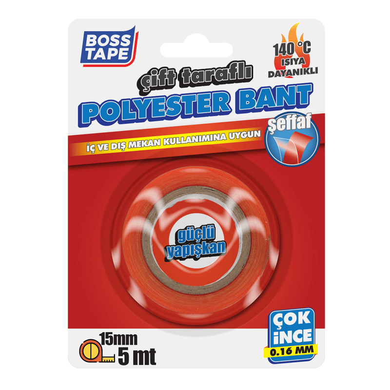BOSS TAPE ÖZEL BANT POLYESTER ÇİFT TARAFLI BANT 140 DERECE ISIYA DAYANIKLI 15 MM x 5M BT-01038