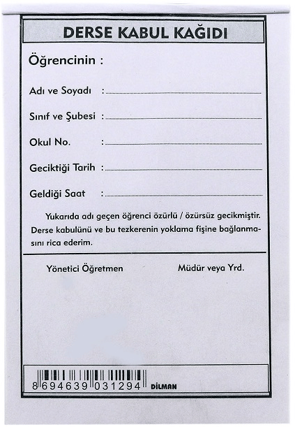 DİLMAN DERSE KABUL KAĞIDI 100 LÜ 3129