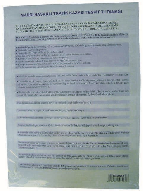 DİLMAN KAZA TESPİT FORMU OTOKOPİLİ 48 Lİ 3002