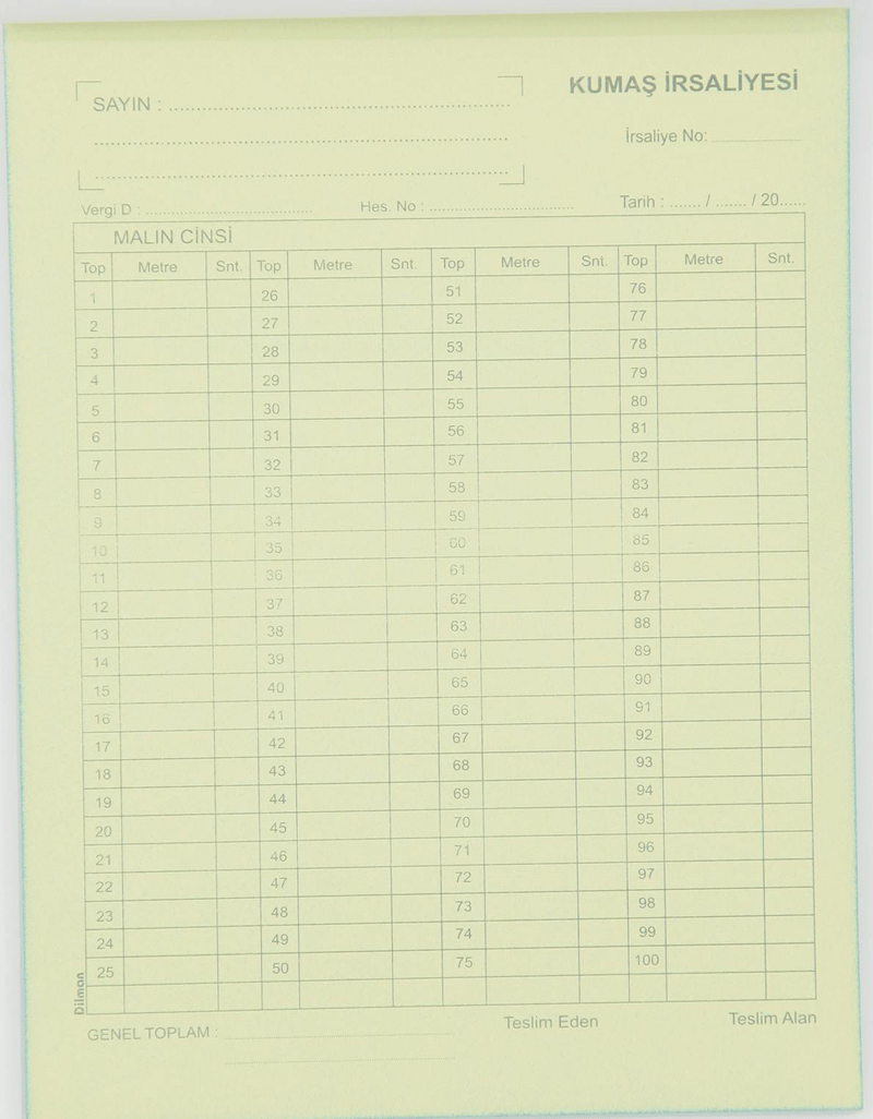 DİLMAN KUMAŞ İRSALİYESİ 2/50 2 NÜSHA 4127