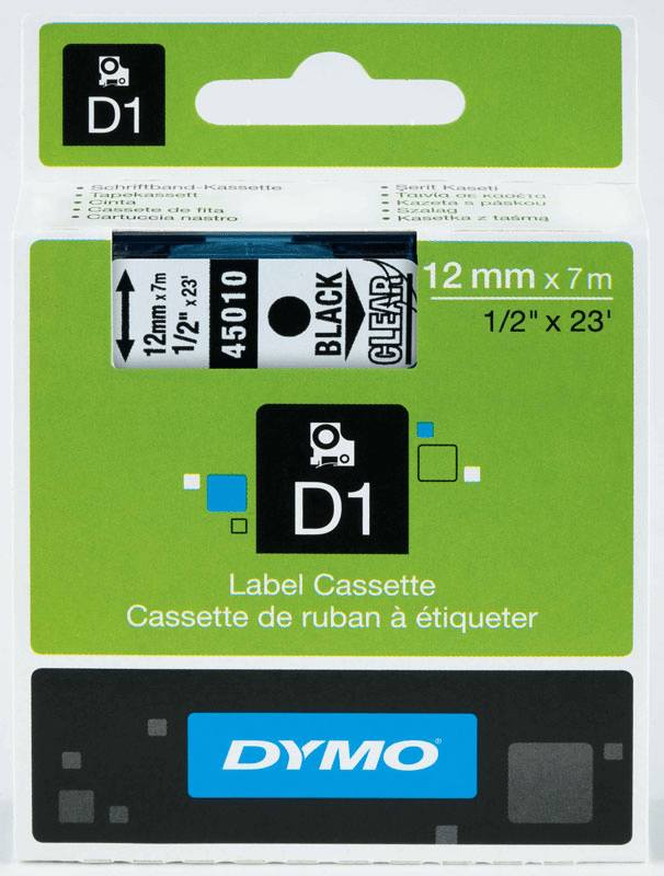 Dymo D1 Etiket Şeridi (12 mm x 7 m, Şeffaf Üzerine Siyah)