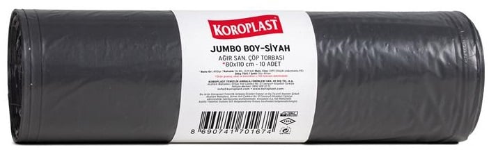 KOROPLAST ÇÖP TORBASI AĞIR SANAYİ JUMBO SİYAH 80x110 800 GR 10 LU 96 MİC. ST01500345