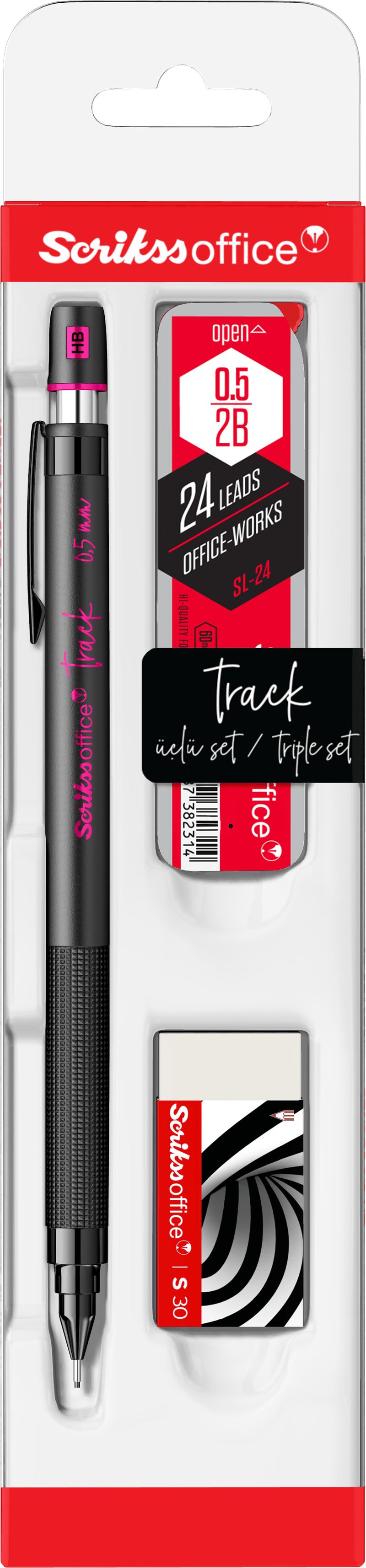 SCRIKSS OFFICE VERSATİL KALEM OKUL SETİ TRACK 0.5 PEMBE + SİLGİ + MİN BLS.