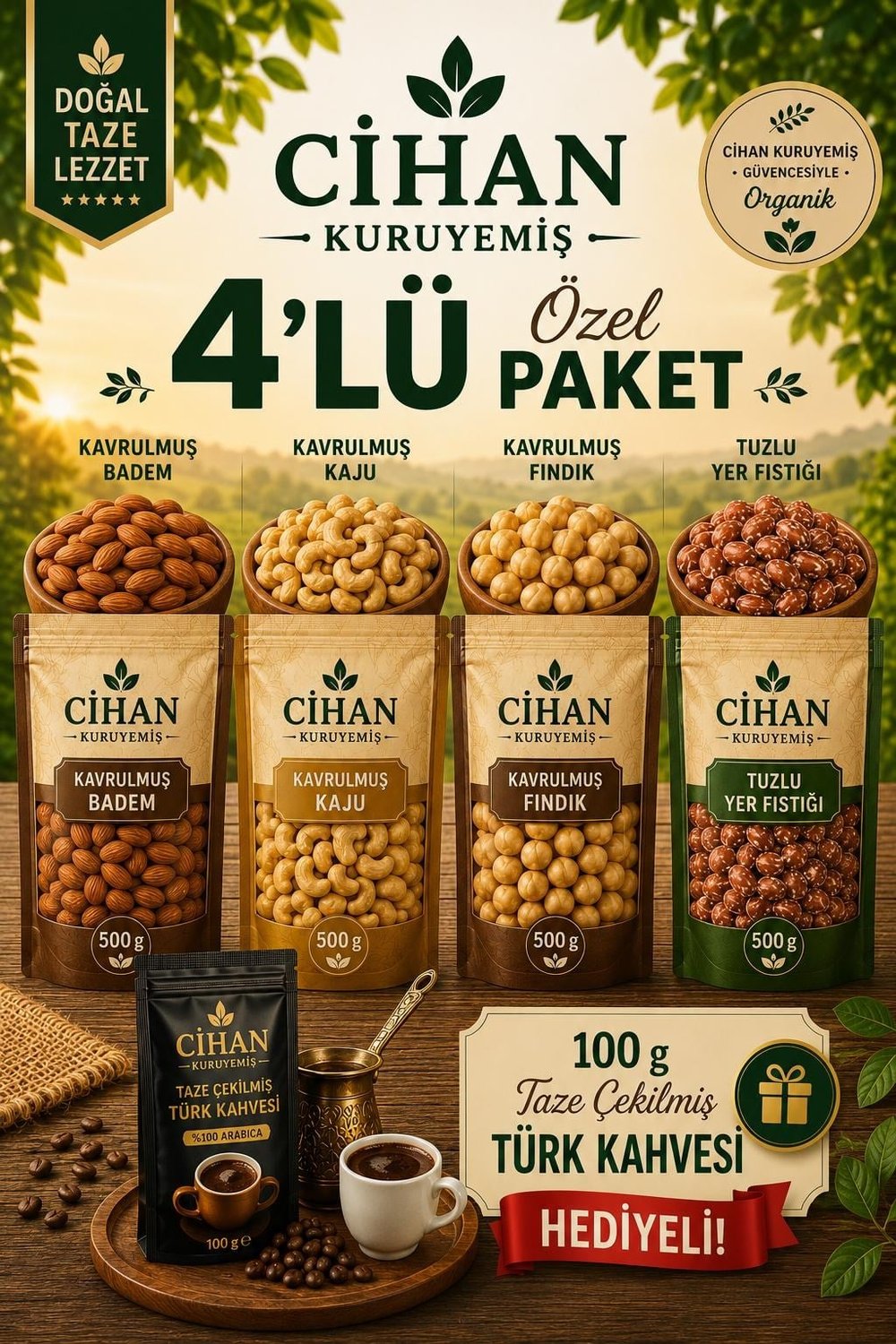 500gr. Kavrulmuş Badem  500gr. Kavrulmuş Kaju 500gr. Kavrulmuş Fındık İçi 500gr. Tuzlu Fıstık 4'lü Set 