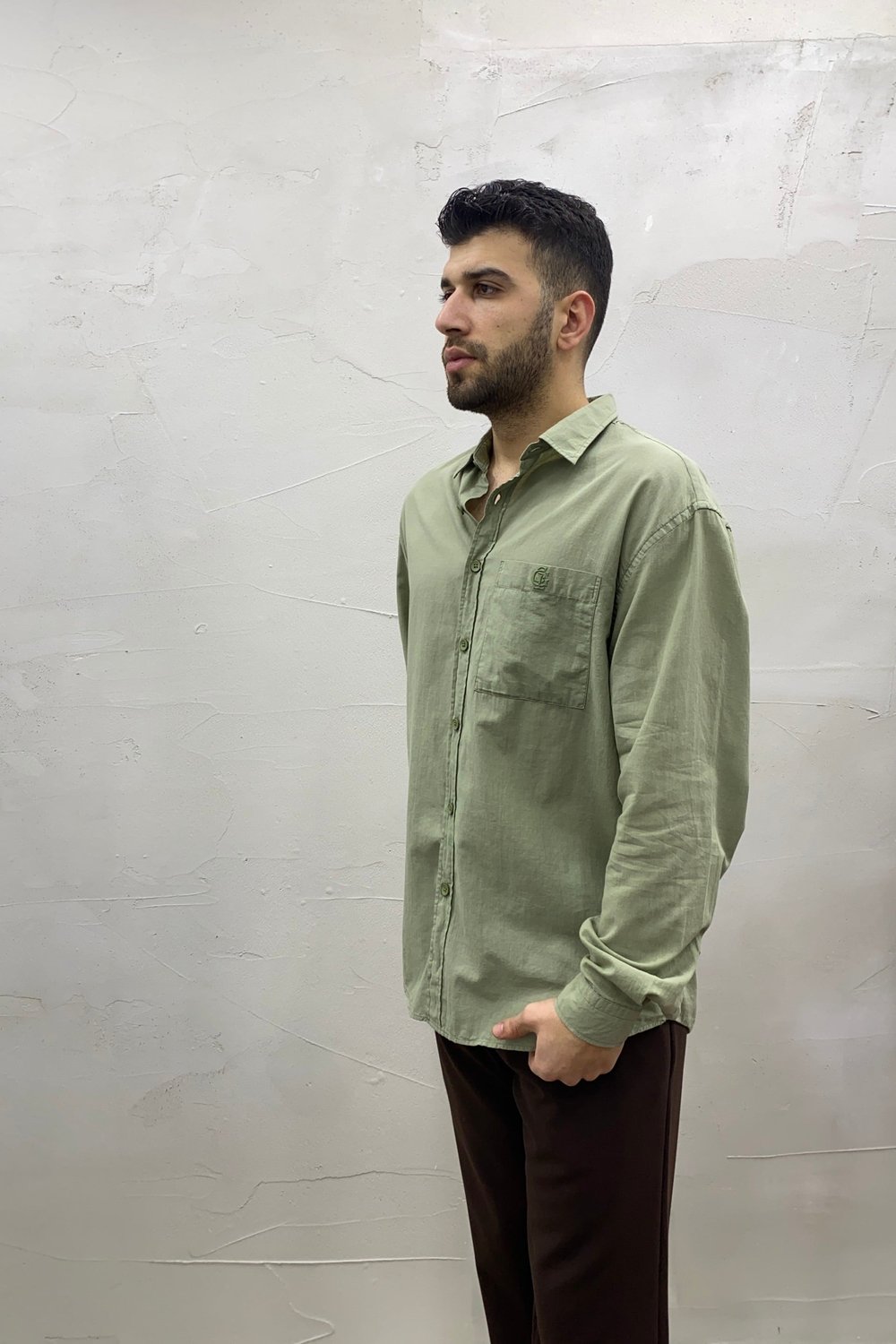 %100 Pamuk Haki Yeşili Tek Cepli Oversize Gömlek