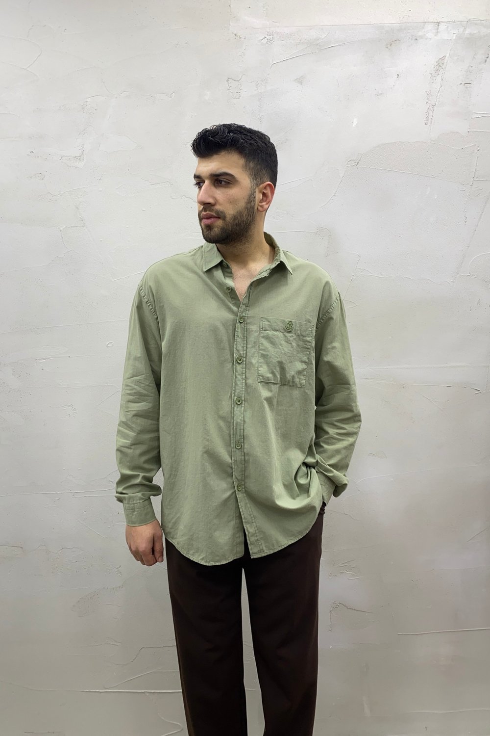 %100 Pamuk Haki Yeşili Tek Cepli Oversize Gömlek