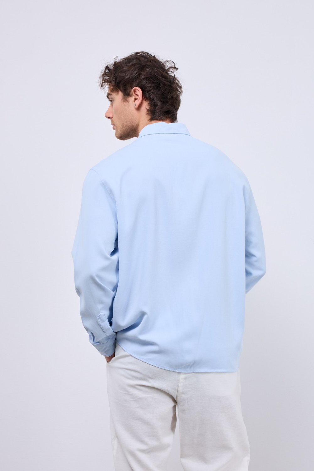 %100 Tensel Oversize Yıkamalı Gömlek Mavi