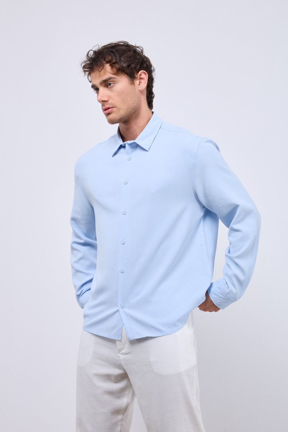 %100 Tensel Oversize Yıkamalı Gömlek Mavi
