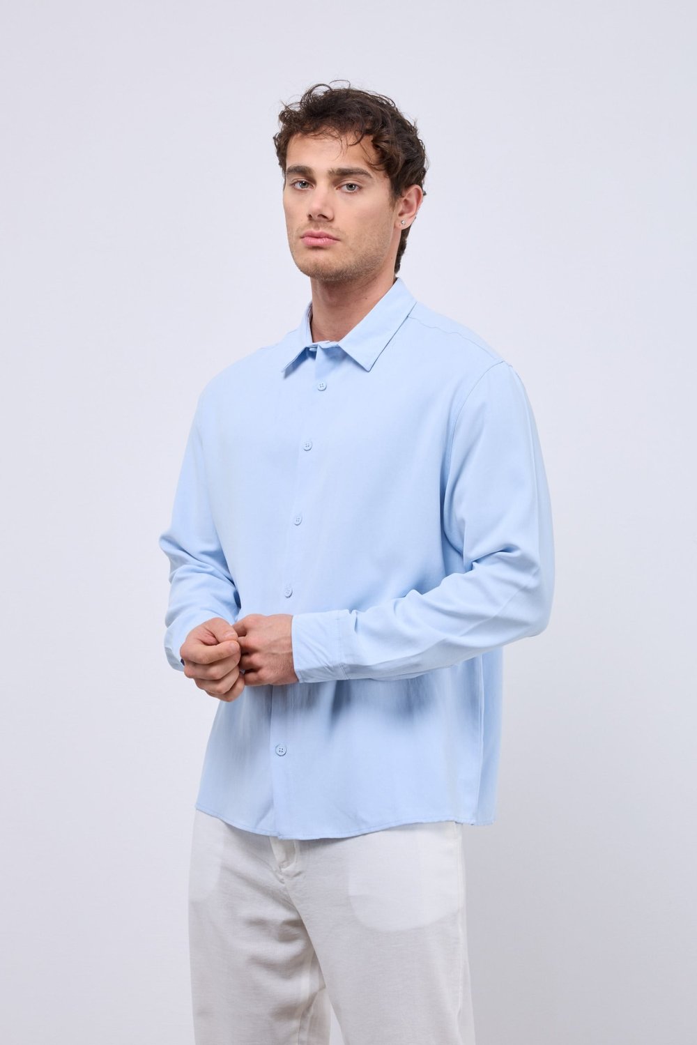 %100 Tensel Oversize Yıkamalı Gömlek Mavi