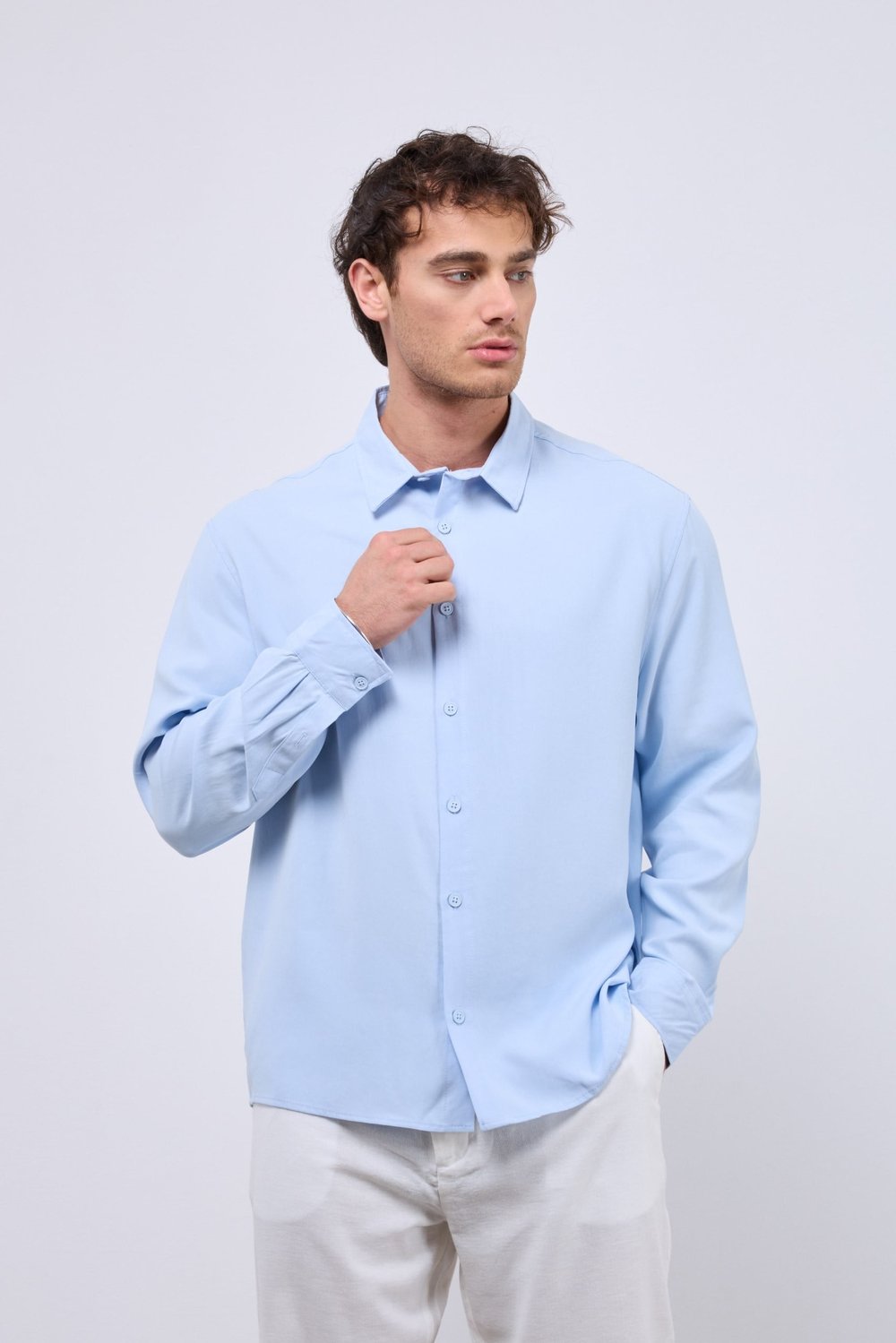 %100 Tensel Oversize Yıkamalı Gömlek Mavi