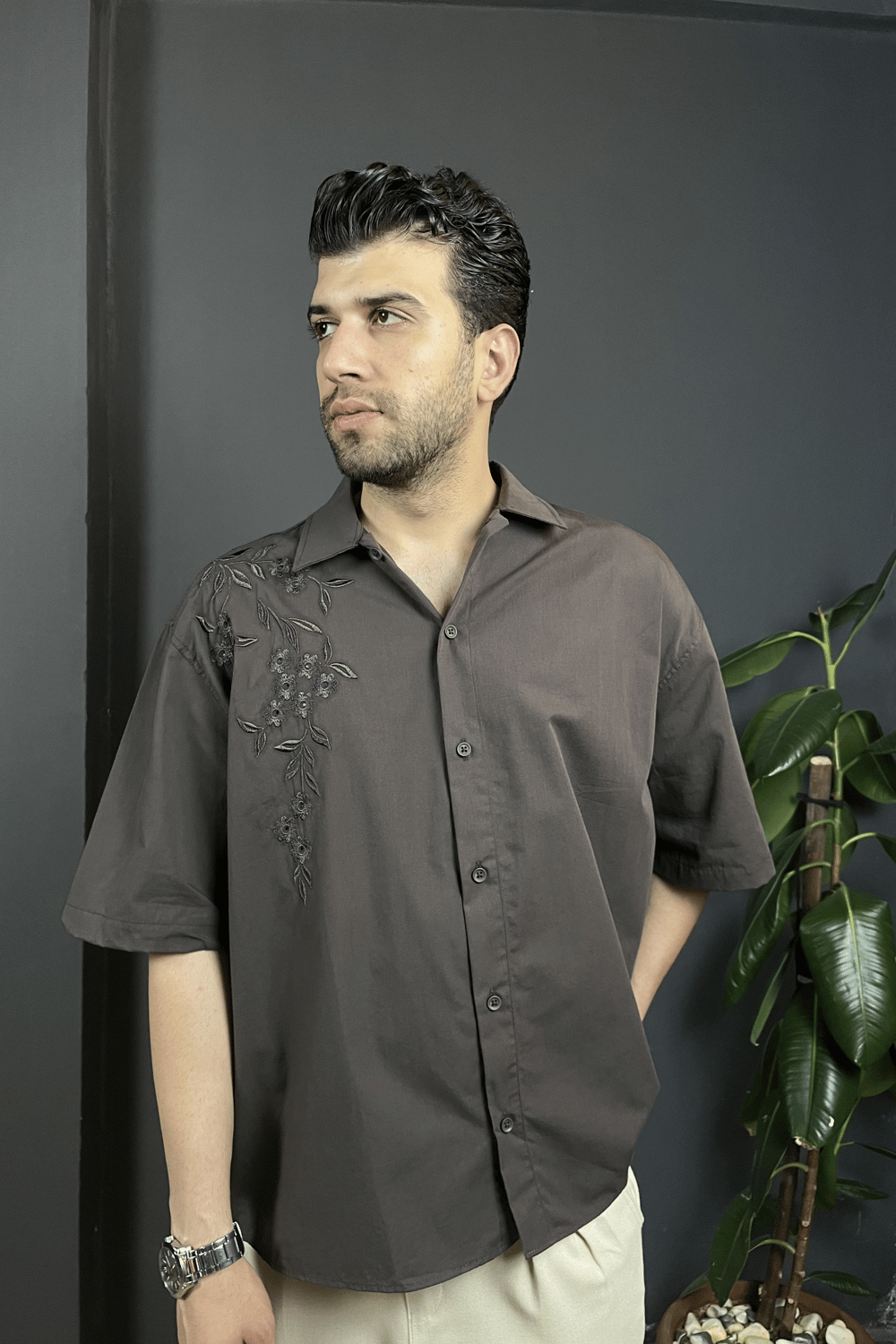 Acı Kahve Nakış Detaylı Oversize Gömlek 