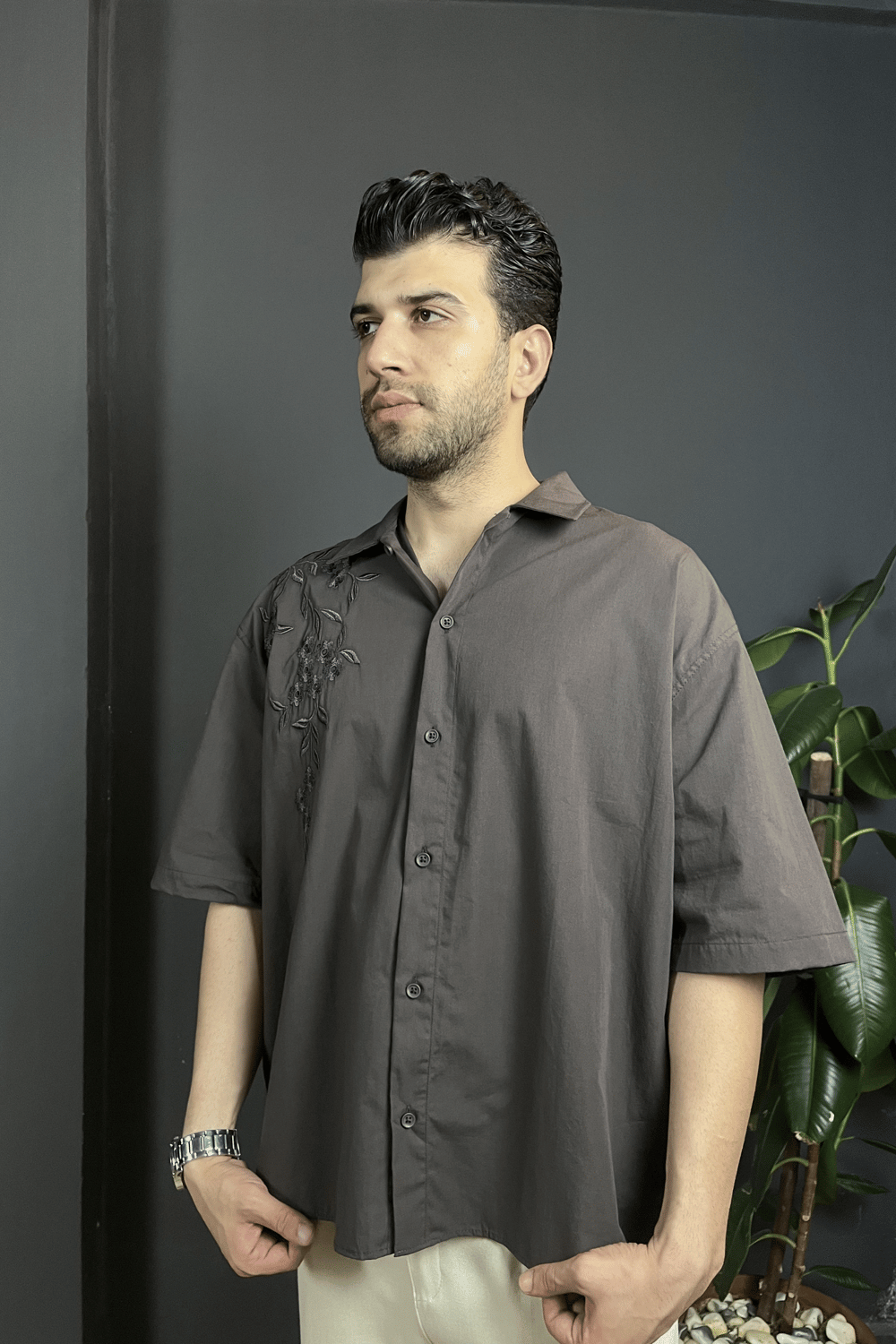 Acı Kahve Nakış Detaylı Oversize Gömlek 