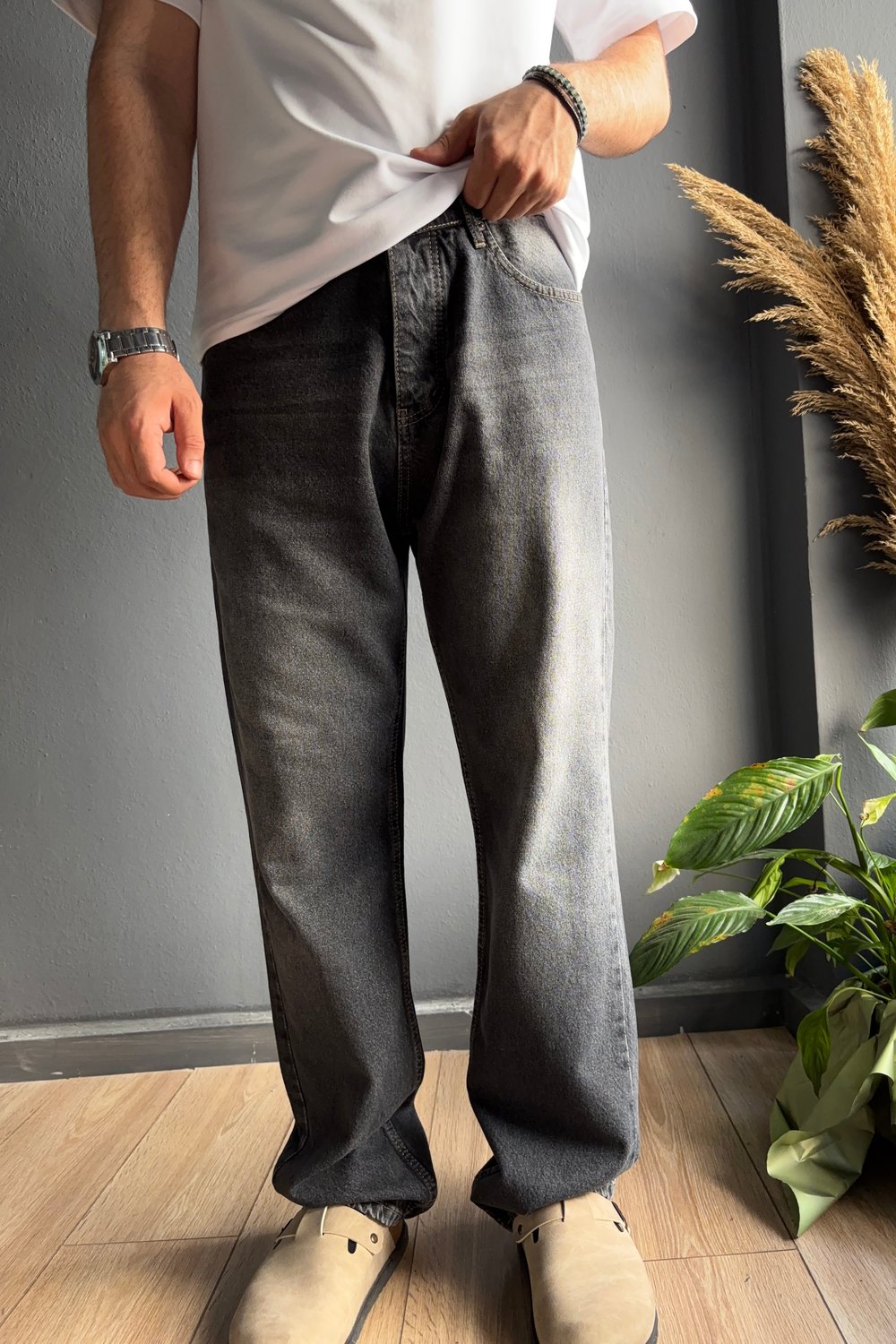 Antrasit Efektli Dikiş Detaylı Baggy Jean Pantolon