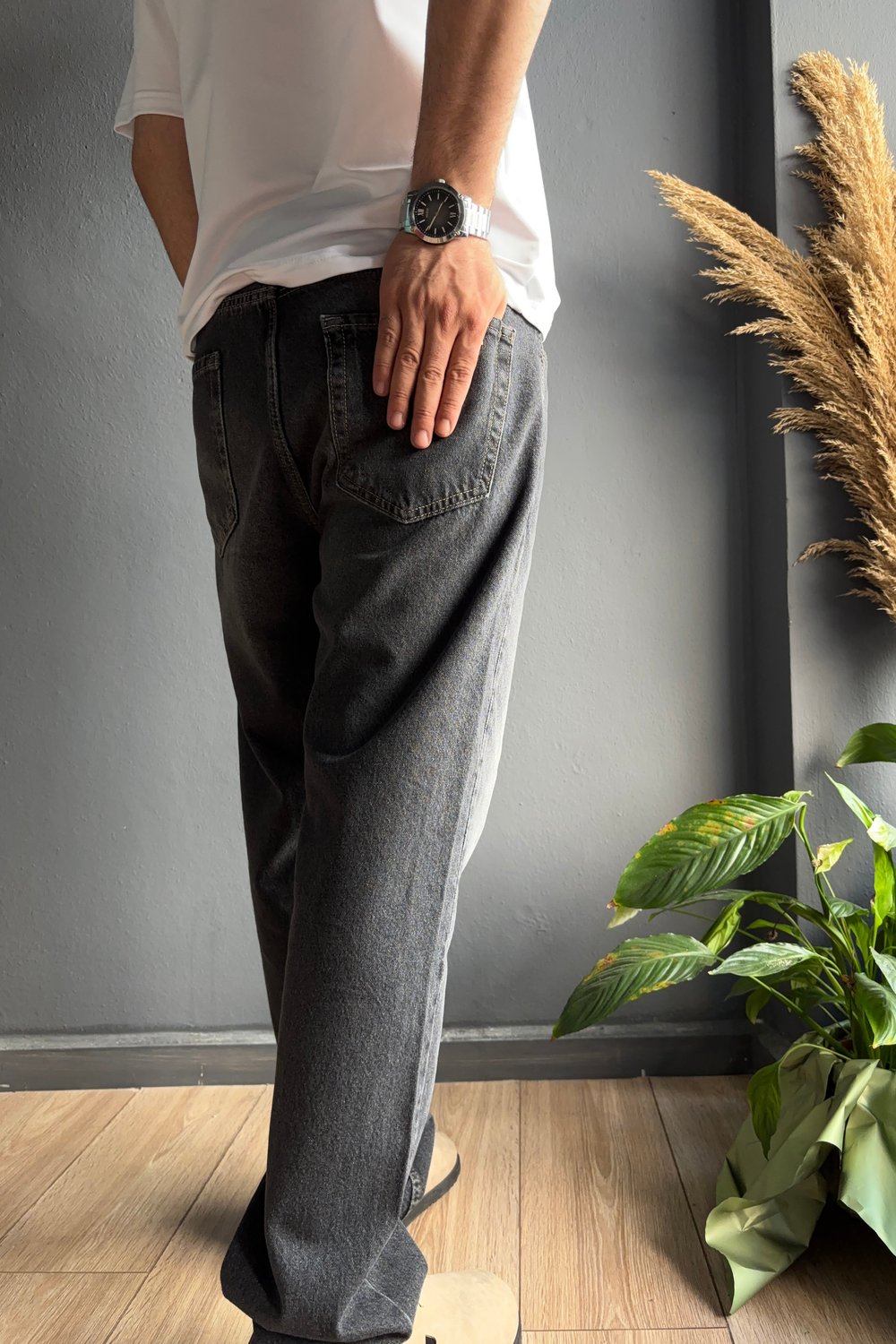 Antrasit Efektli Dikiş Detaylı Baggy Jean Pantolon