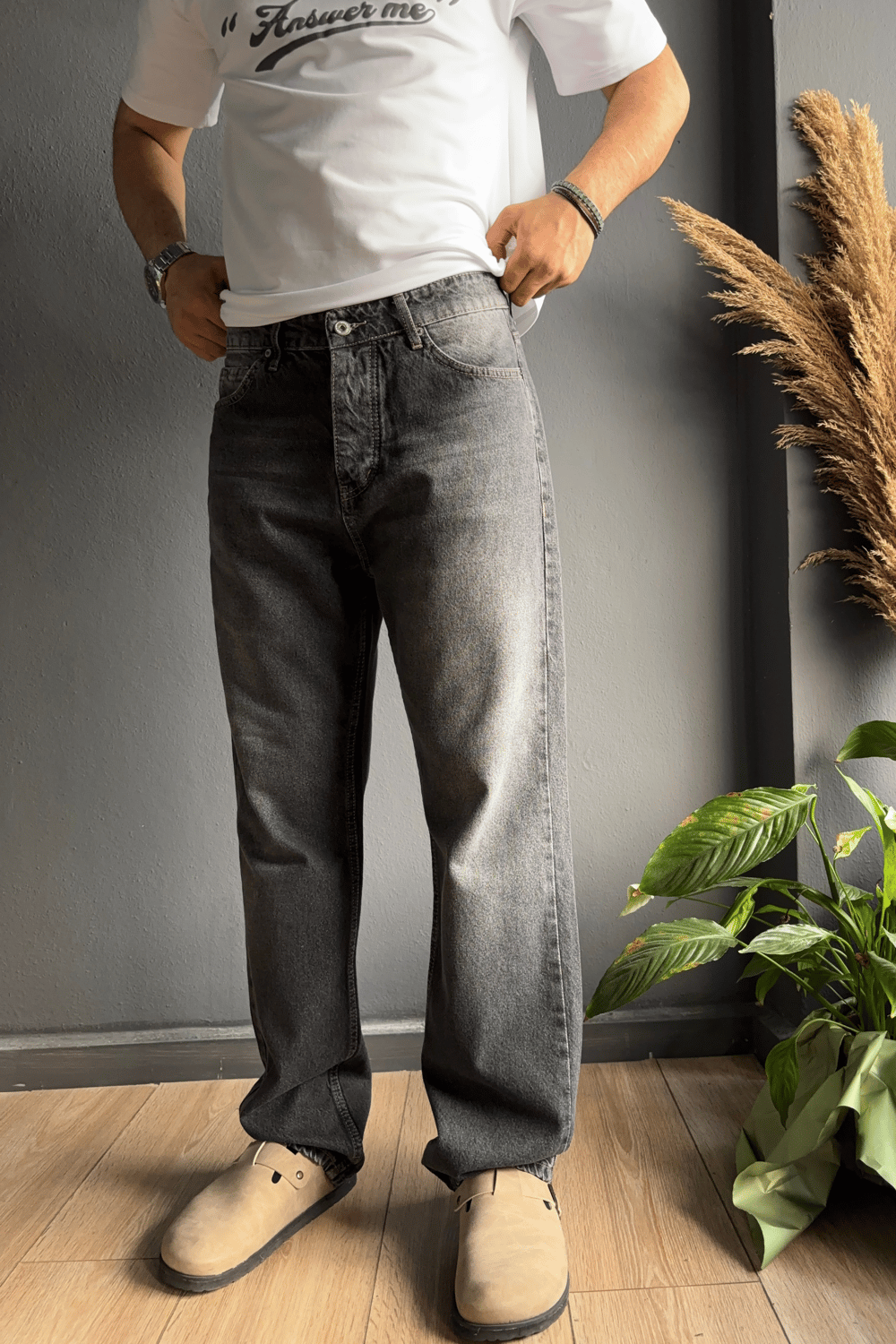 Antrasit Efektli Dikiş Detaylı Baggy Jean Pantolon