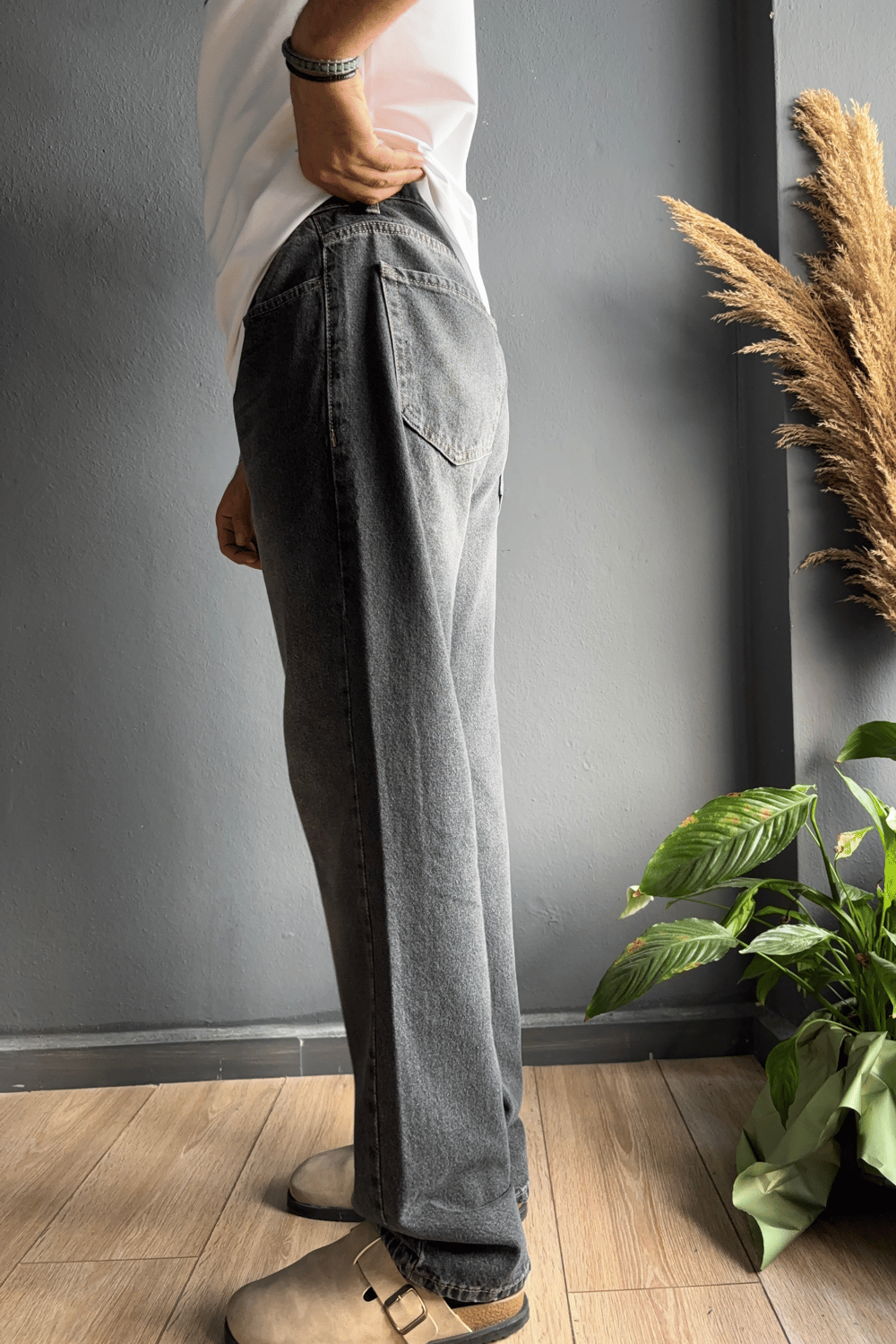 Antrasit Efektli Dikiş Detaylı Baggy Jean Pantolon