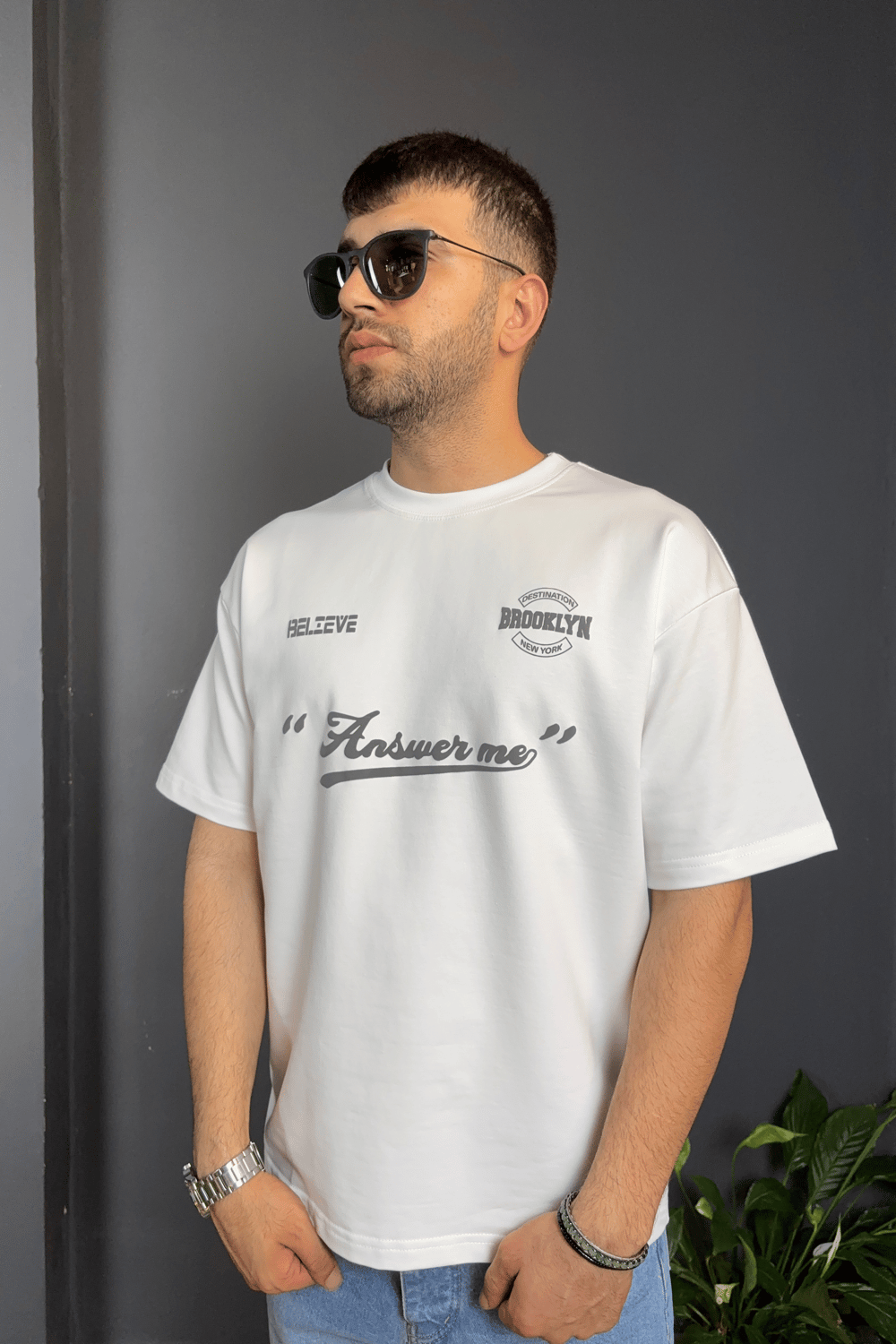 Beyaz Brooklyn Baskılı Tişört