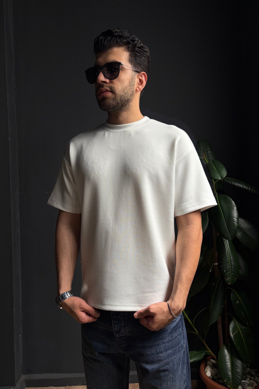 Beyaz Kalın Oysho Kumaş Yarım Oversize Tişört 