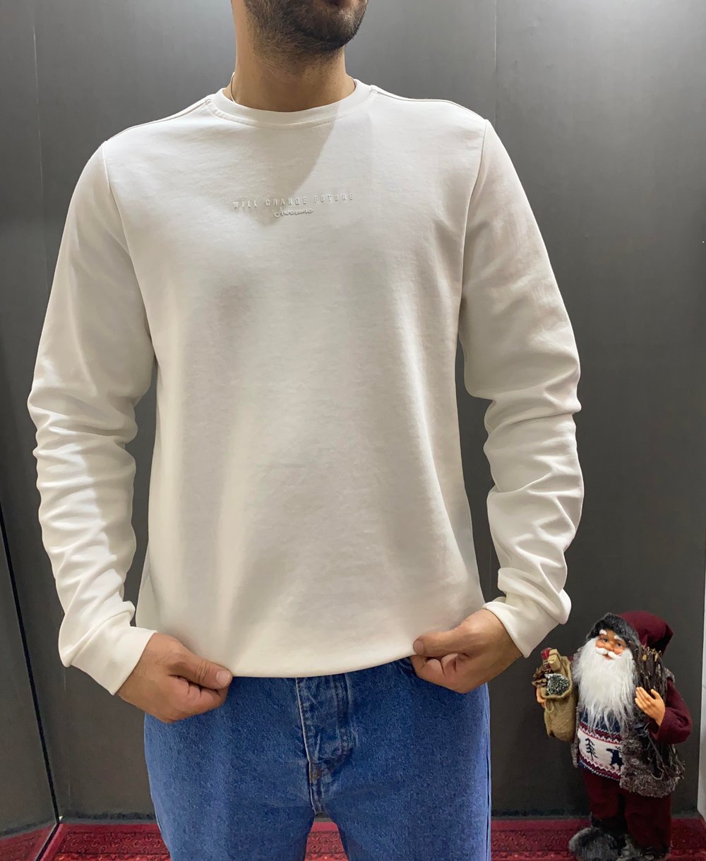 Beyaz Minimal Baskılı Sweatshirt