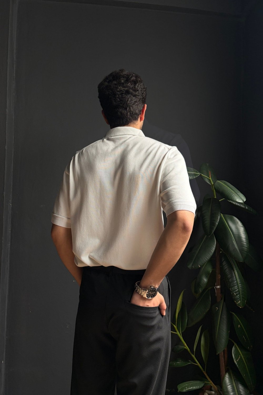 Beyaz Polo Yaka Düğmeli Basic Triko Tişört