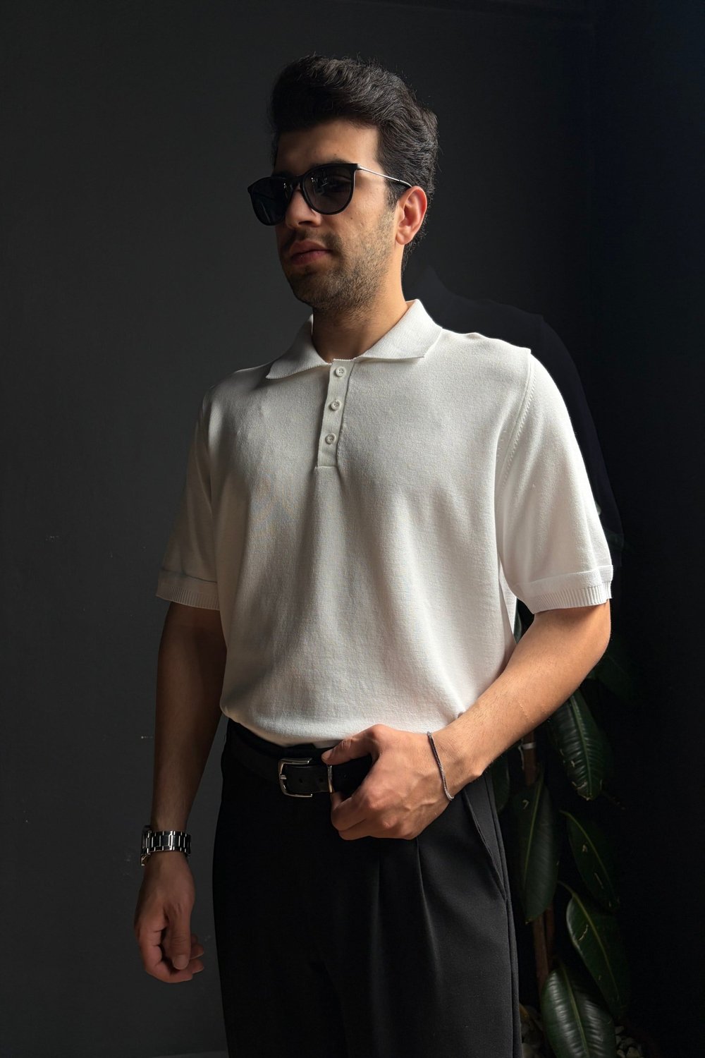 Beyaz Polo Yaka Düğmeli Basic Triko Tişört
